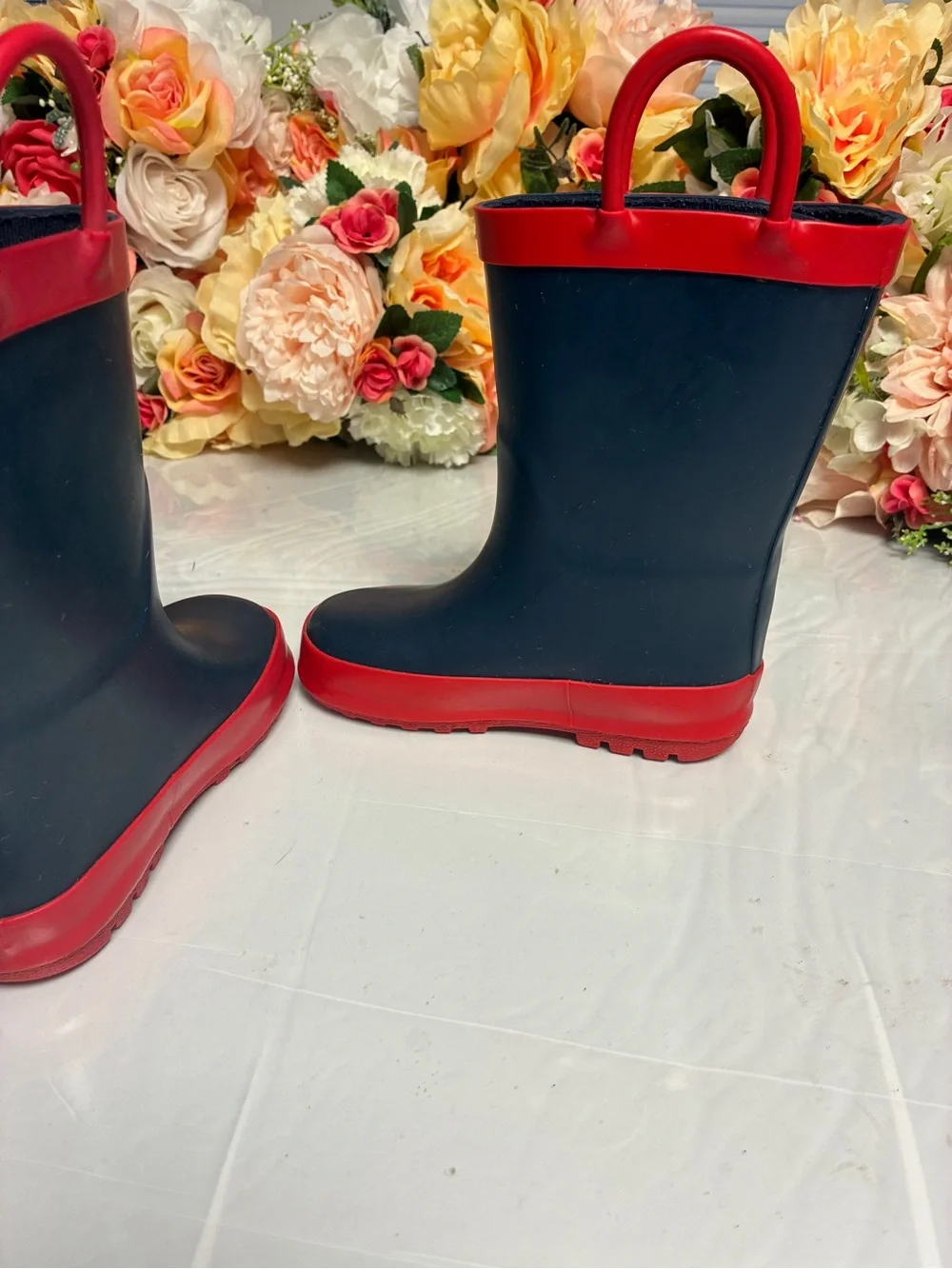 Kids Rain Boots Navy Red Pull Handles Size 7 Mid Calf Round Toe